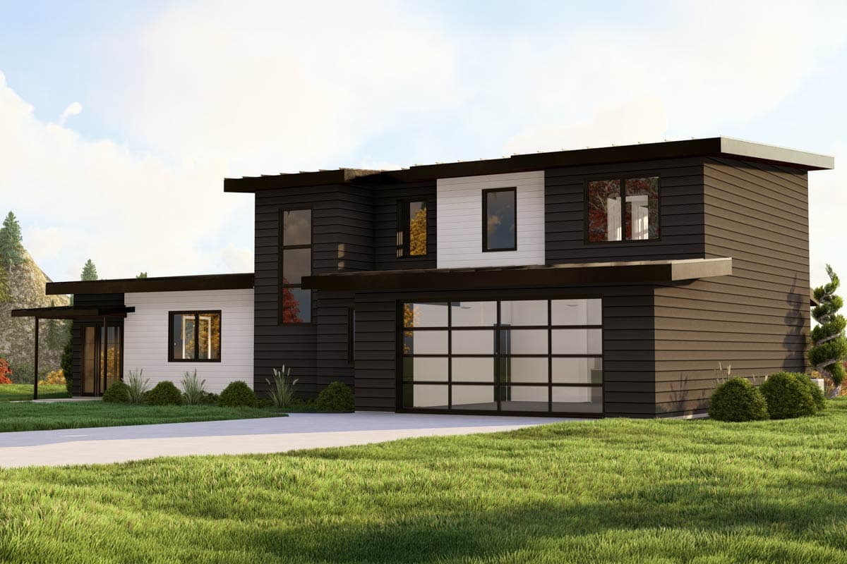 Modern house plan exterior with horizontal siding, flat roof, large glass garage door, and varied window sizes.