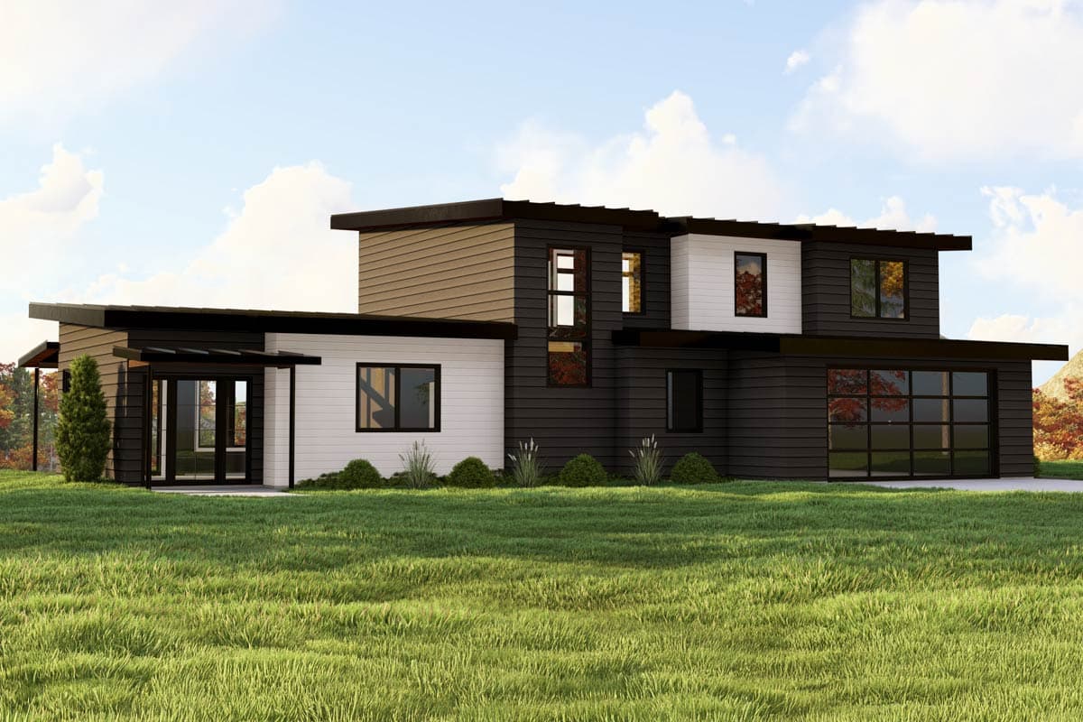 House plan exterior featuring a modern design, flat roof, and two stories. Includes a glass garage door and covered entry porch.