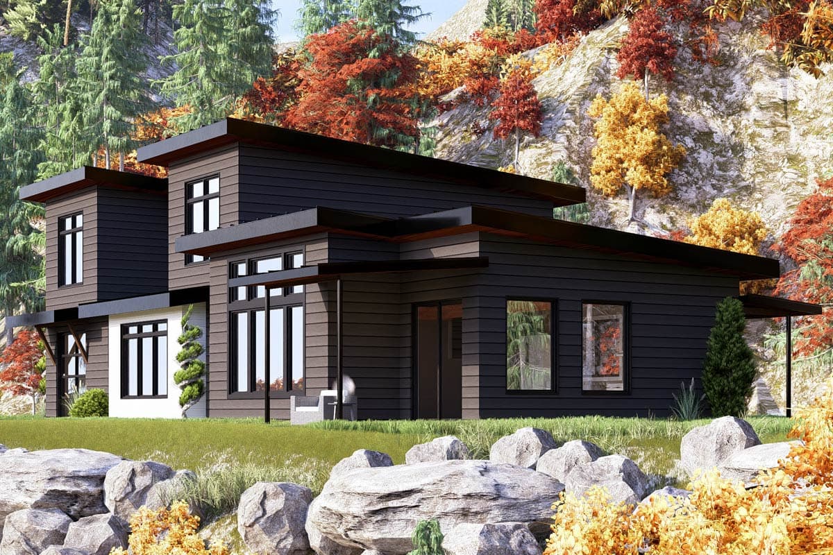Modern house plan exterior with flat roofs, dark horizontal siding, and large windows.