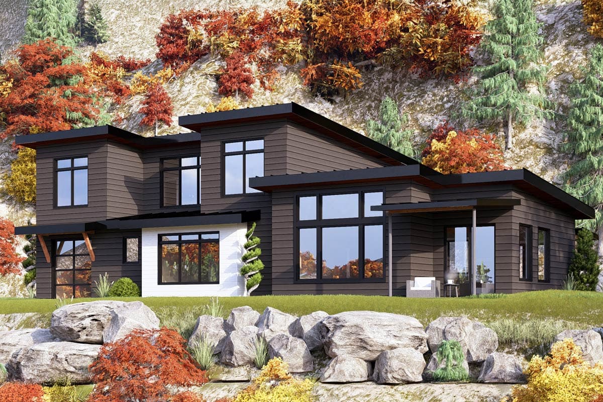 Modern house plan exterior with flat roofs, horizontal siding, and large grid windows.