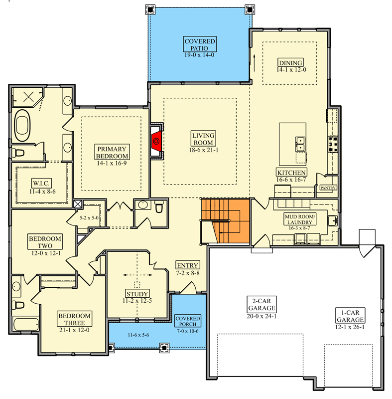 Plan 95337RW: Mountain Ranch House Plan with 3-Car Garage and Main-Level Primary Suite - Floor Plan - Main Level - Bungalow, Mountain, New American, Ranch, Traditional