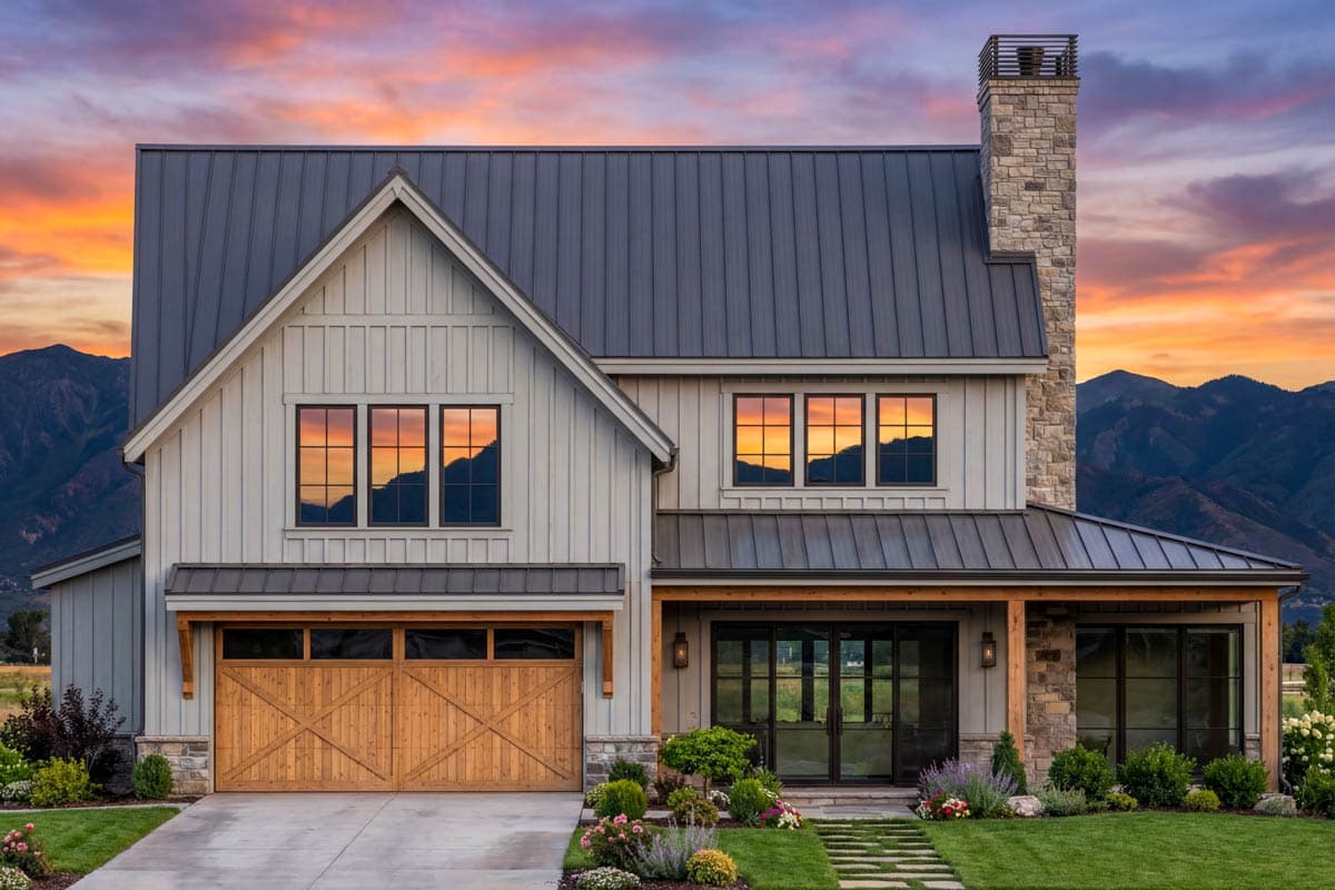 Modern farmhouse exterior with board and batten siding, metal roof, wood garage door, and stone chimney.