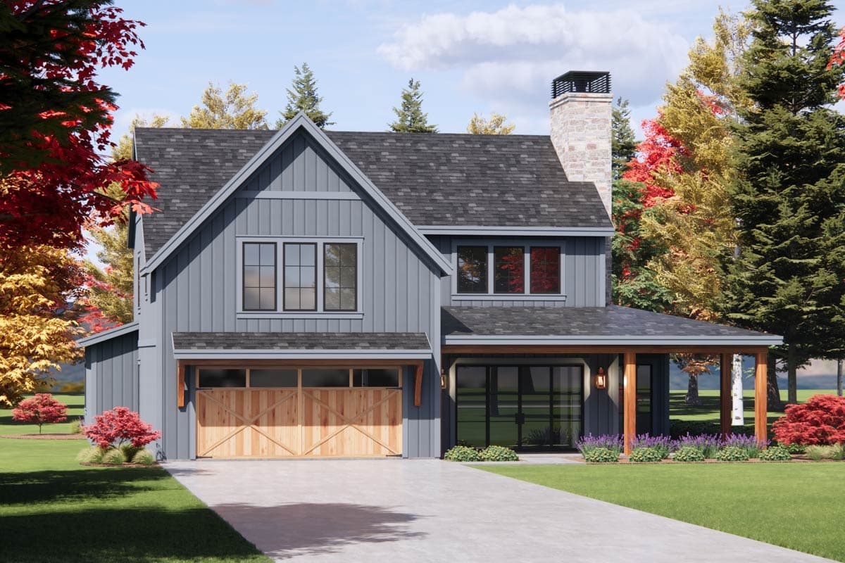 Modern Farmhouse house plan exterior with board and batten siding, a prominent gable, stone chimney, and a covered entryway.