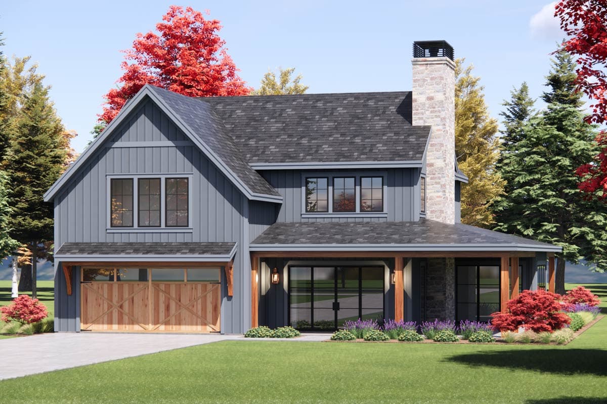 House plan exterior: Modern Farmhouse style, two stories, gable roof, stone chimney, and wood garage door.