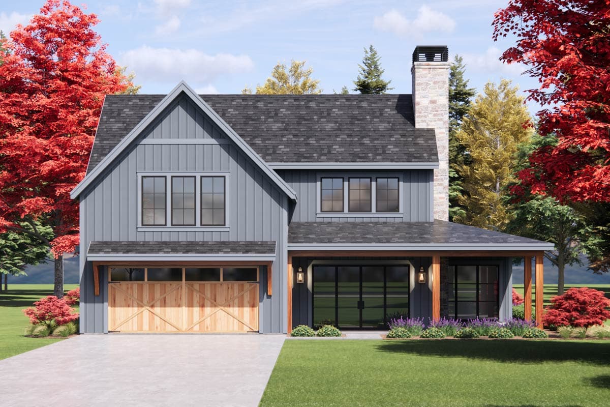 House plan exterior. Two-story Modern Farmhouse with gabled roof, covered porch, and a stone chimney. Features include a two-car garage.