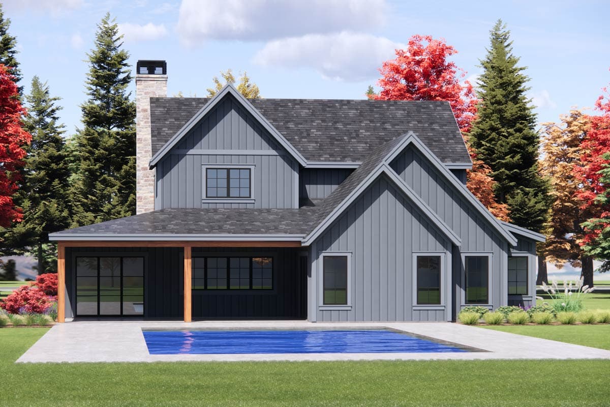 House plan exterior with modern farmhouse style, gables, stone chimney, covered porch, and pool.