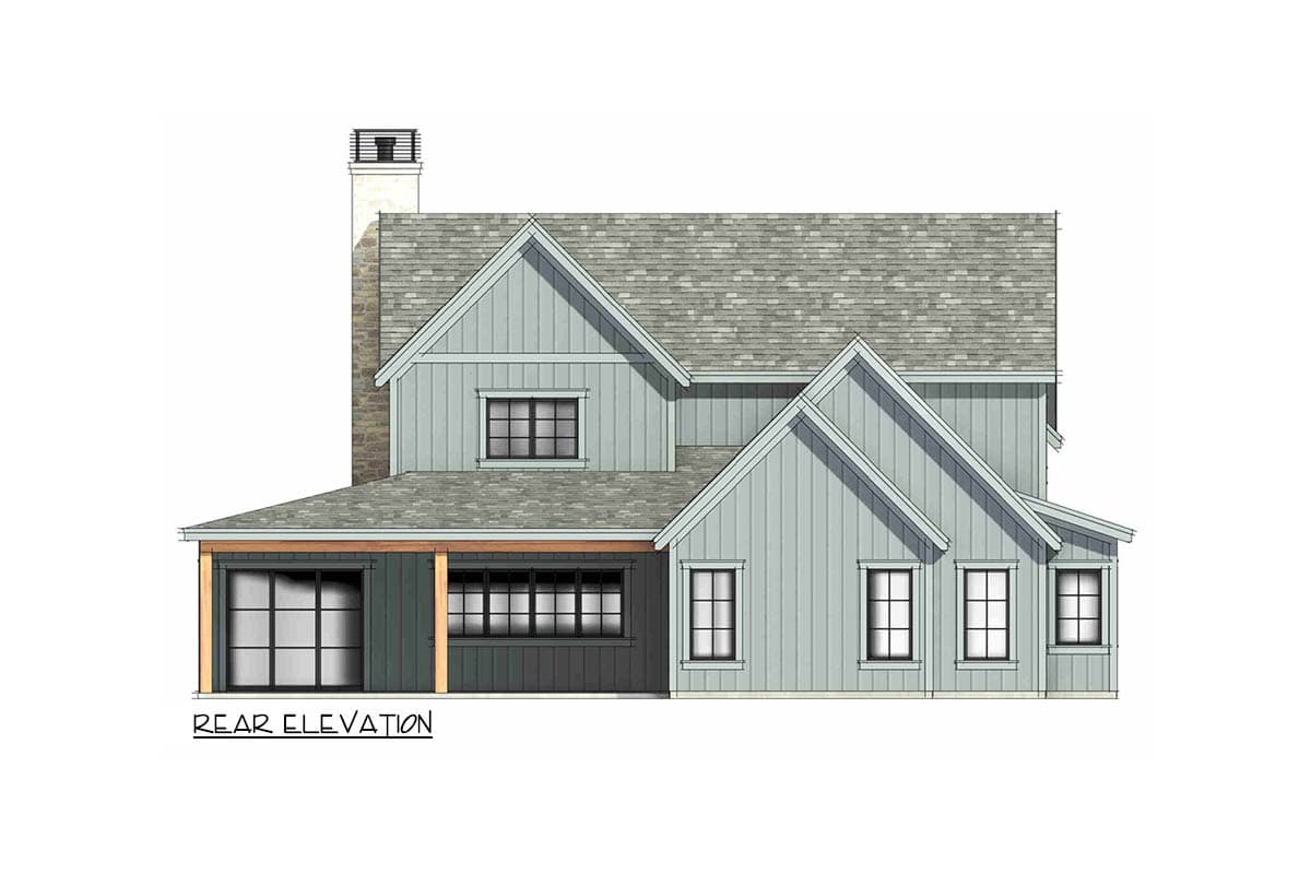 Rear elevation of a two-story house plan with a stone chimney, gables, vertical siding, and a covered porch with large windows.