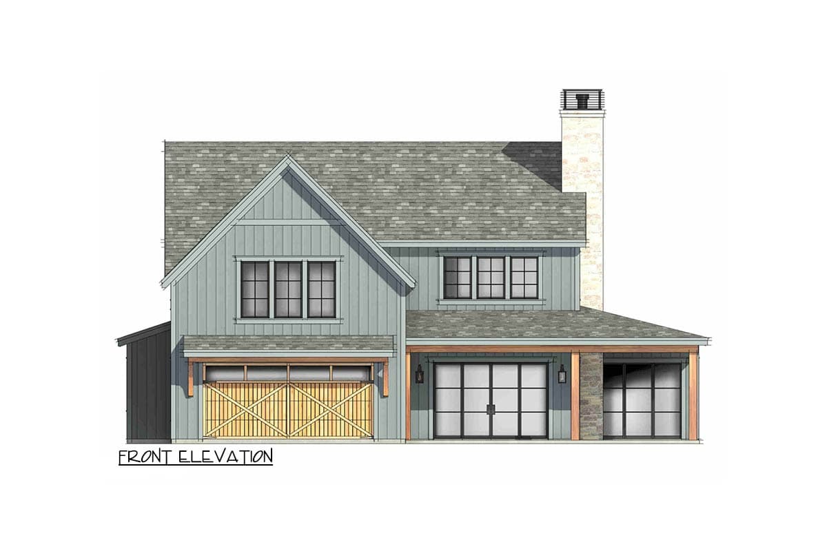 Front elevation drawing of a two-story house with gabled roof, board and batten siding, and multiple garage doors.