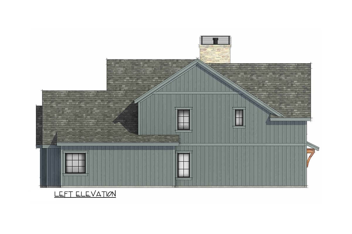 Left elevation of a house plan showing a stone chimney, gabled roof, and vertical siding.