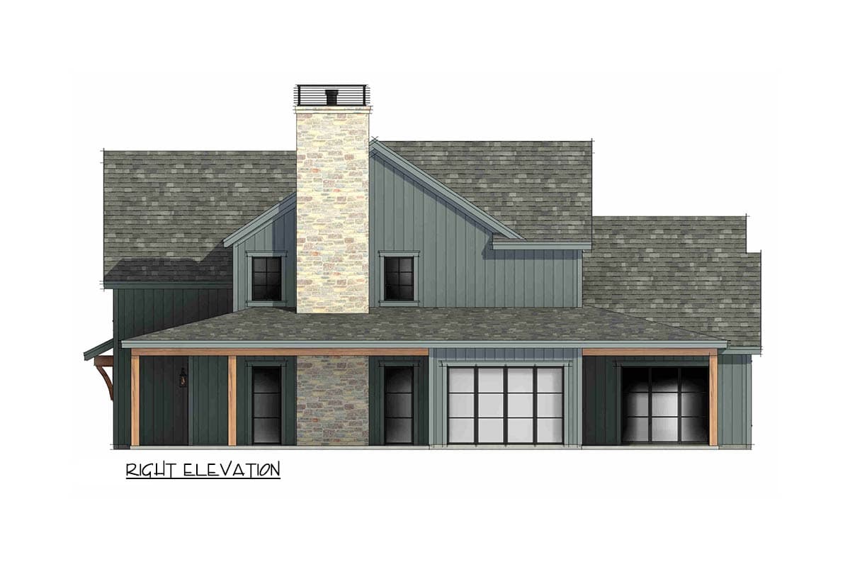 Right elevation of a house plan featuring a stone chimney, board and batten siding, and large grid windows.