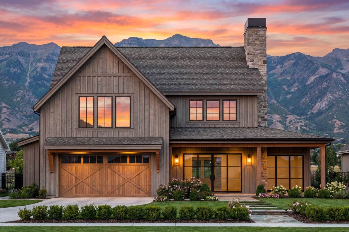 Modern Farmhouse house plan exterior with wood siding, stone chimney, gable roof, and large windows.