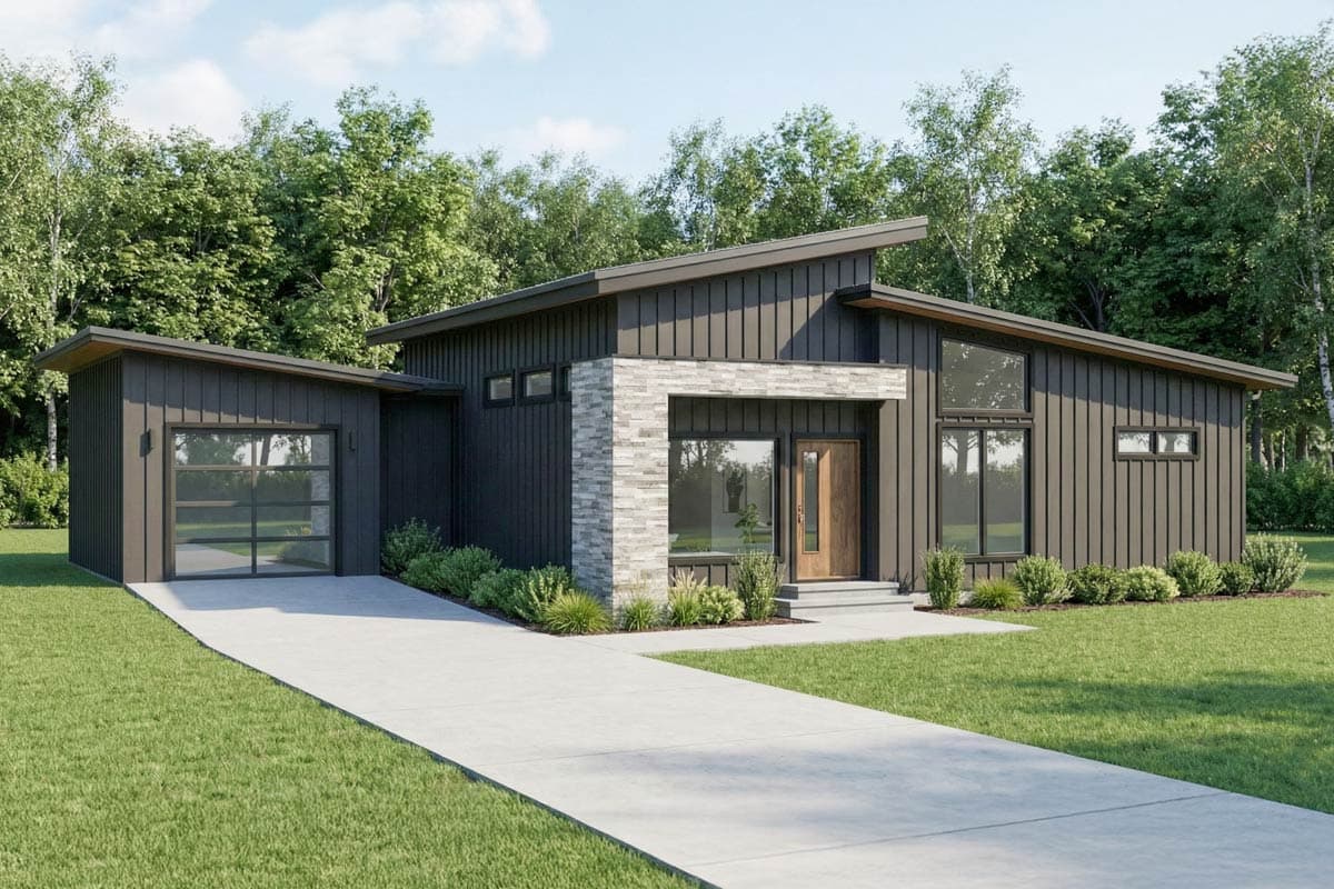 Modern house plan exterior with metal siding, angled rooflines, stone accent entry, and attached garage with glass door.