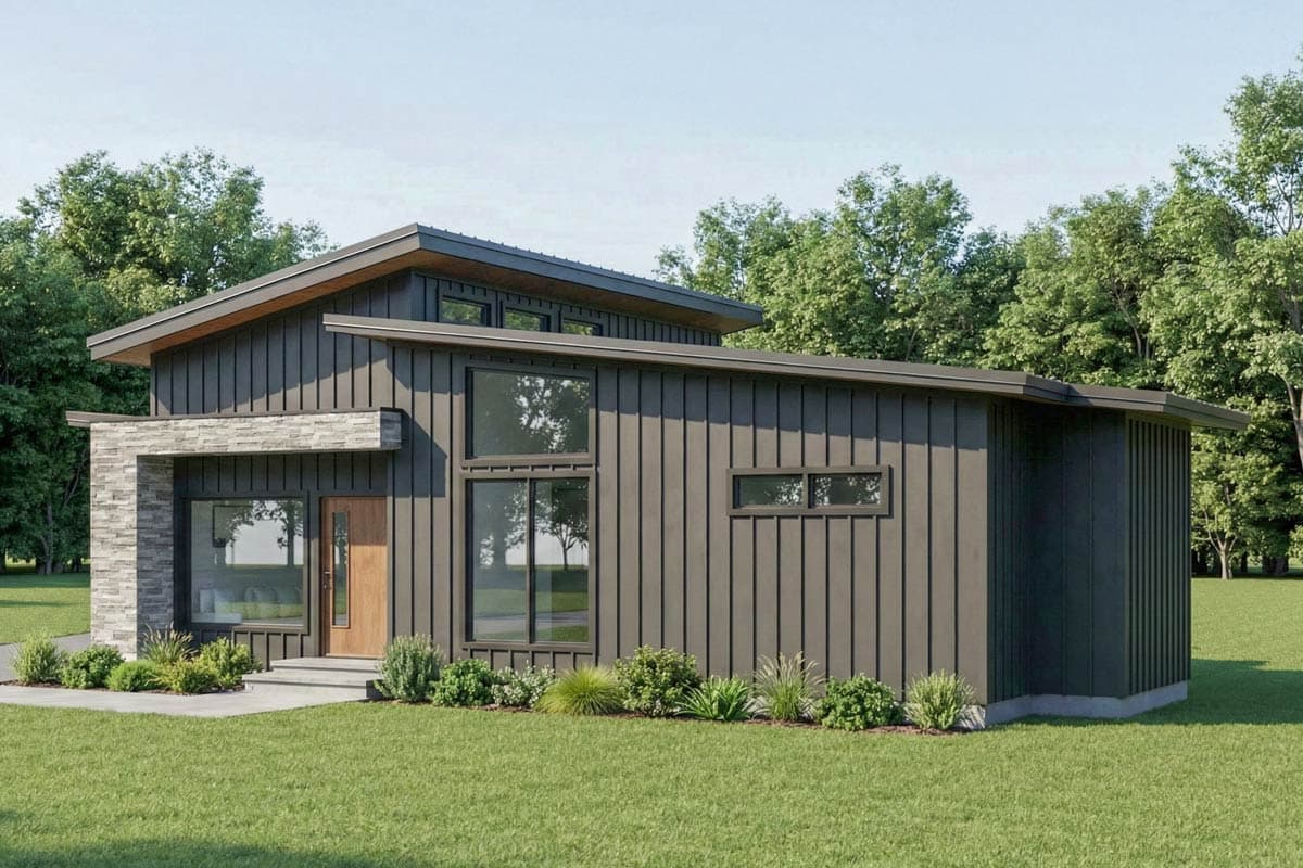 Modern house plan exterior with vertical siding, stone accents, asymmetric rooflines, and large windows.