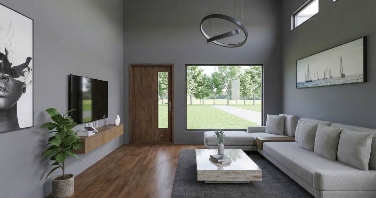 Living room interior with vaulted ceiling, modern sofa, fireplace, large window, and contemporary art.