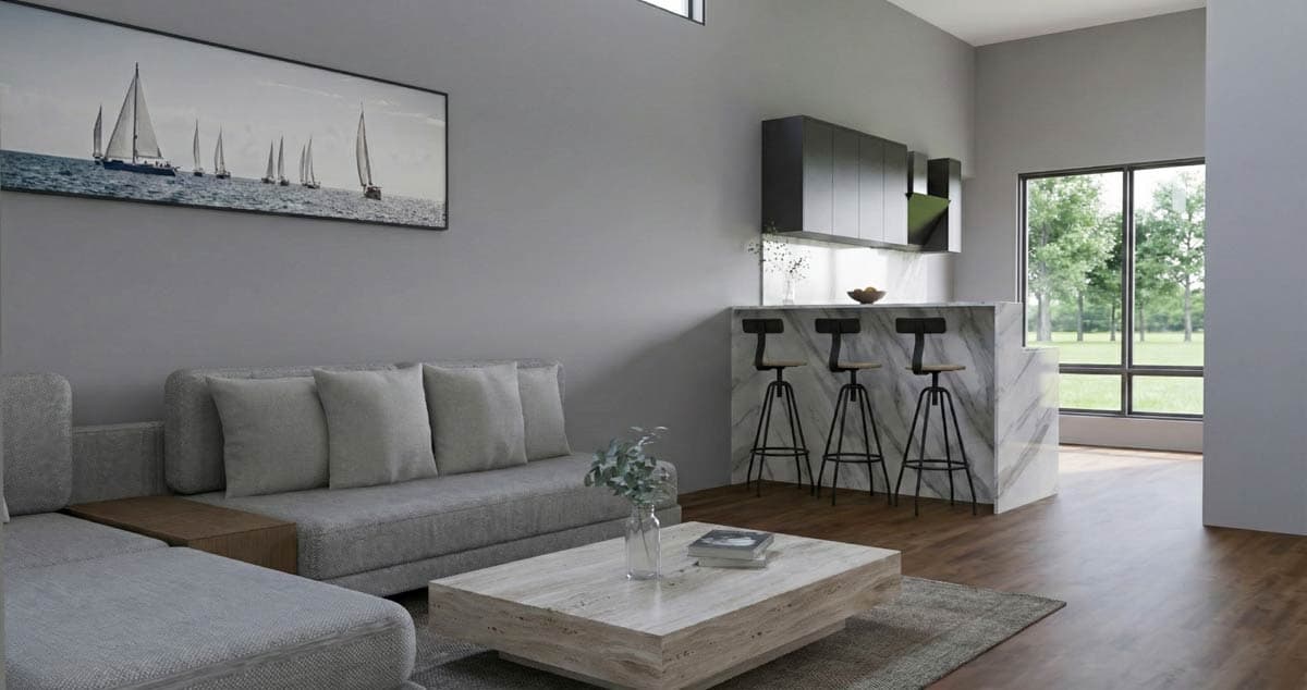 Contemporary living area with sectional sofa, marble bar, and large window overlooking greenery.