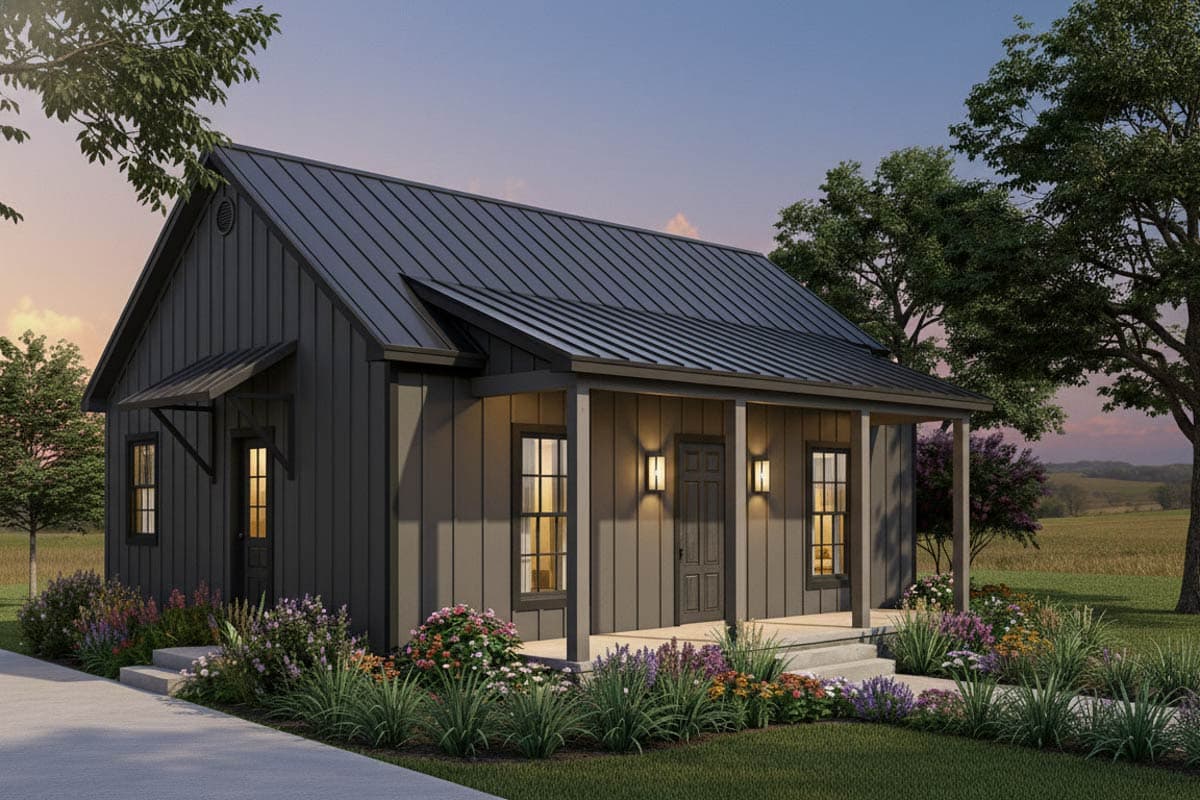 House plan exterior. One-story structure with a metal roof, front porch, and gable roofline. Vertical siding and a covered entry.