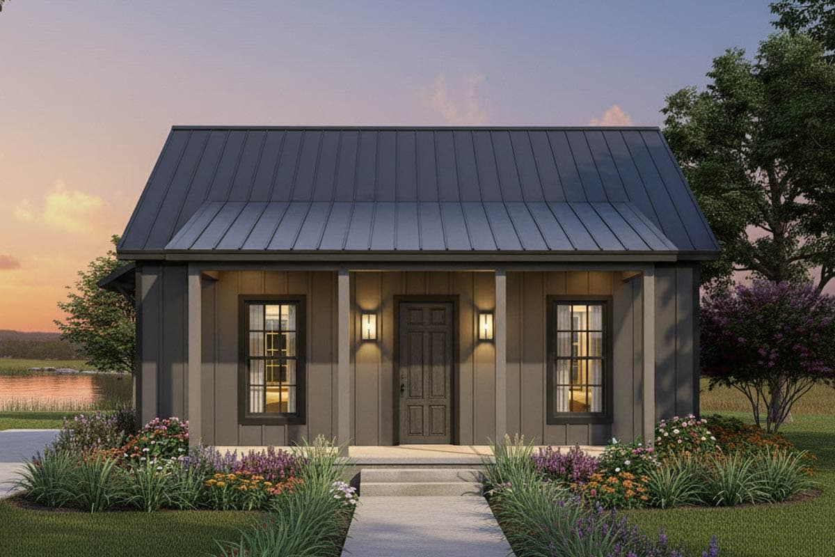 Modern Farmhouse house plan exterior with standing seam metal roof, covered front porch with columns, and two front windows.