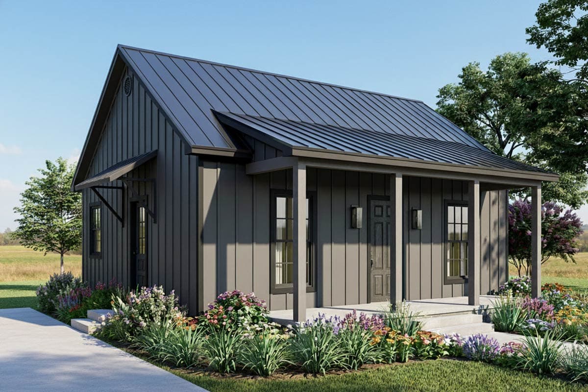 House plan exterior: one-story Modern Farmhouse with vertical siding, metal gable roof, and covered front porch with two columns.