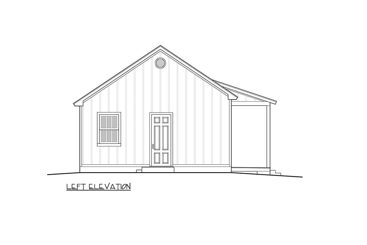 Left elevation drawing of a house with a gable roof, vertical siding, a front door, and a small covered porch.