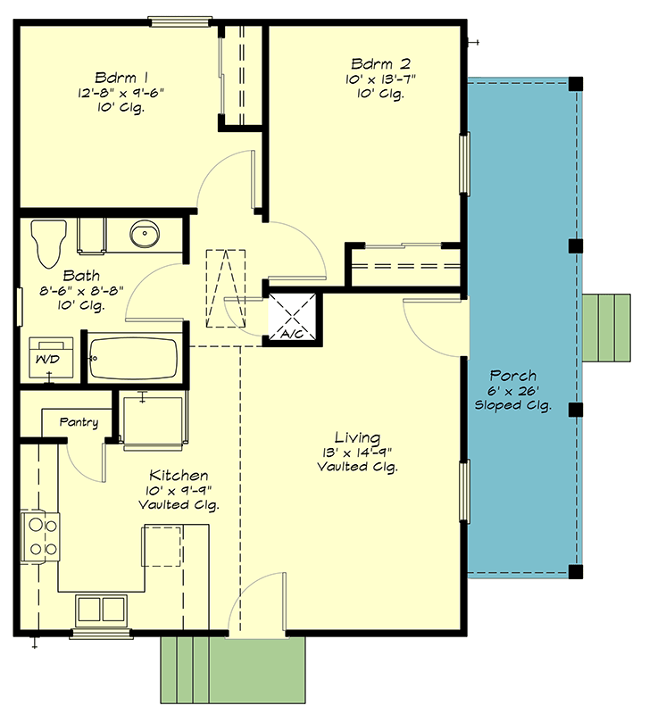 Plan 125012LEW: Charming Country 2-Bedroom House Plan with Vaulted Living and Front Porch - Floor Plan - Main Level - Cabin, Country, Mountain, Ranch