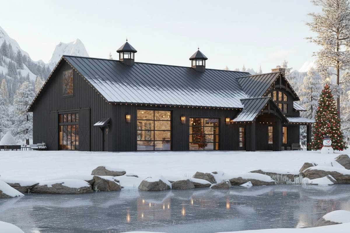 A modern, dark-gray barn-style house sits in a snowy landscape, decorated for Christmas. A Christmas tree and snowman stand nearby a frozen pond.