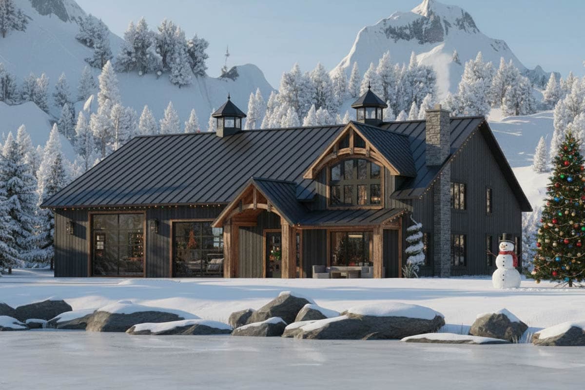 A snowy winter scene with a rustic house. A Christmas tree stands beside a snowman in front of the house, mountains in the distance.