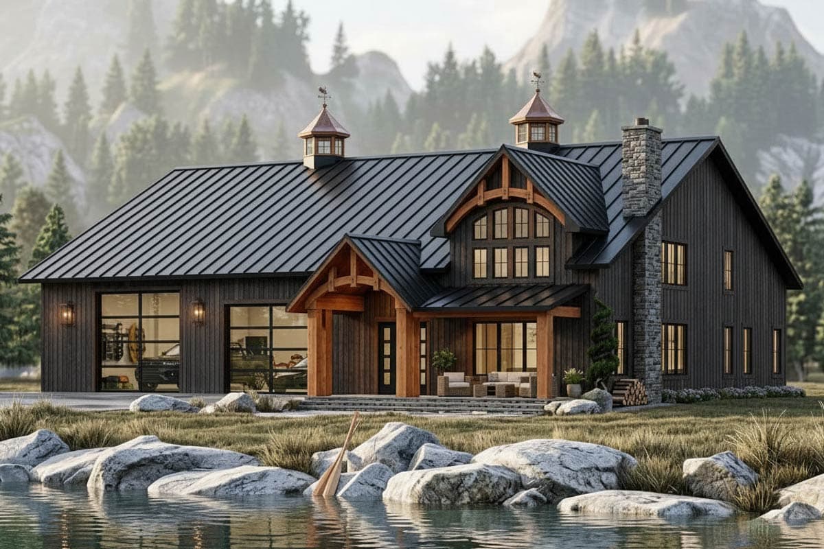 A modern cabin-style house with a dark blue roof and stone chimney sits in front of a mountain and a lake with large rocks.