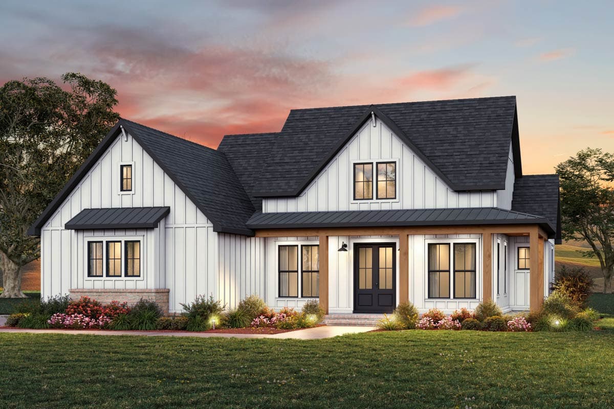 Modern Farmhouse house plan exterior with board and batten siding, gables, dormers, and covered porch with wood beams.