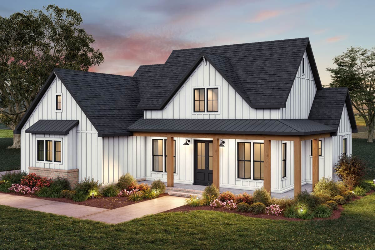 Modern Farmhouse house plan exterior with board and batten siding, gables, and a deep covered front porch with timber supports.