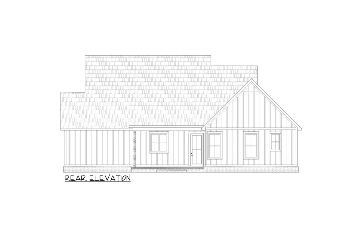 Rear elevation house plan showing gabled roof, vertical siding, and three windows.