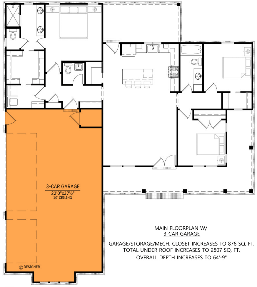 Plan 56564SM: Stylish Modern Farmhouse House Plan with Wrap-Around Porch and Optionally Finished Bonus Room - Floor Plan - Main Level - 3-Car Side Garage Option ($ Paid Option) - Country, Farmhouse, Modern Farmhouse