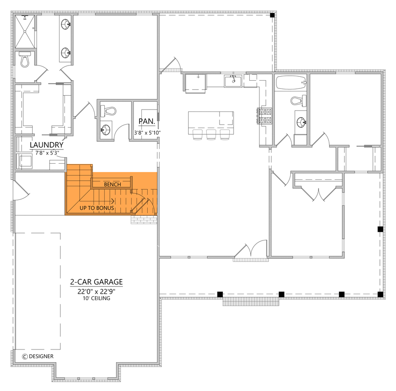 Plan 56564SM: Stylish Modern Farmhouse House Plan with Wrap-Around Porch and Optionally Finished Bonus Room - Floor Plan - Main Level - Bonus Room Stairs ($ Paid Option)  - Country, Farmhouse, Modern Farmhouse