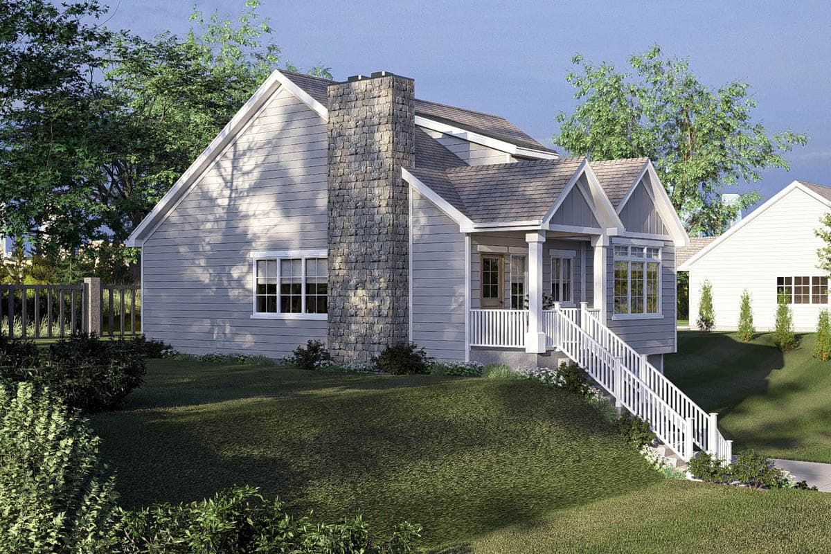 House plan exterior with stone chimney, gabled dormers, and covered front porch with white railing and stairs.