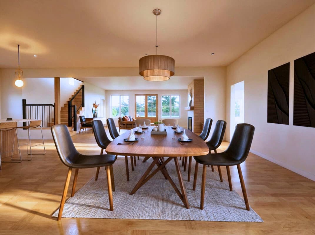 A modern dining room features a wooden table set for a meal, surrounded by black chairs. A large pendant light hangs above the table.