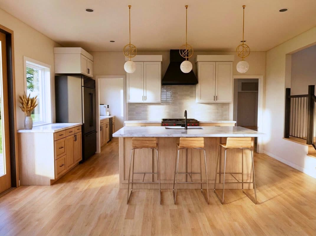 Modern kitchen with island seating. Light wood cabinets, a black range hood, and pendant lights over the island give it a clean, stylish look.