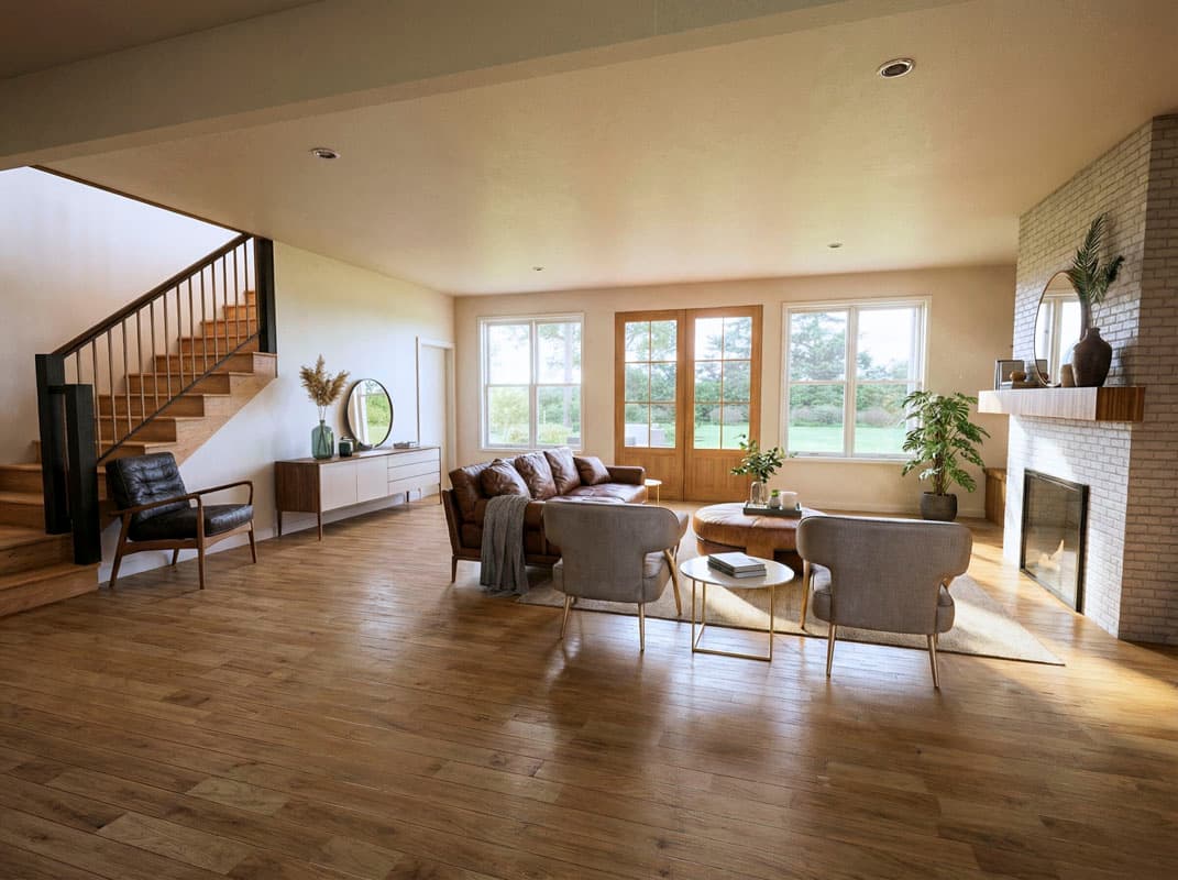 Spacious, sunlit living room with hardwood floors, leather sofa, fireplace, and staircase. Two armchairs face a round coffee table.