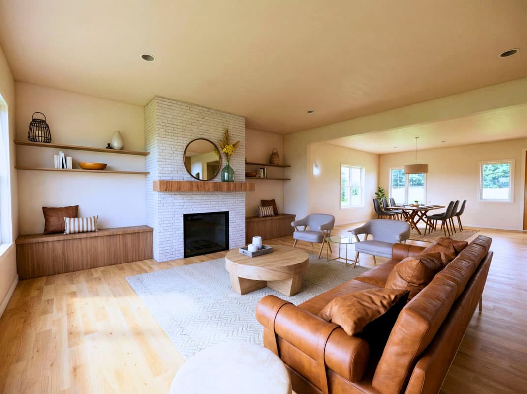 A modern living room with a brick fireplace, leather sofa, and wooden coffee table. Neutral tones and natural light create a warm ambiance.