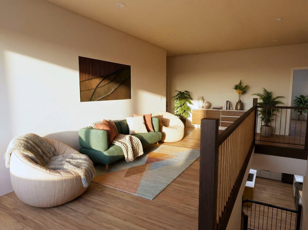 A modern living room with a green sofa, a beanbag chair, and a patterned rug. Sunlight streams in, illuminating the space and wooden flooring.