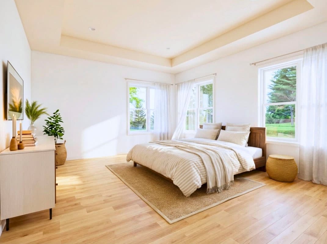 Bright, airy bedroom with a wooden bed, patterned bedding, and large windows. A woven rug sits beneath the bed, with a side table and plants.