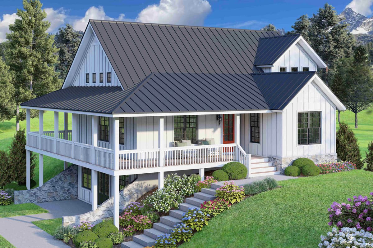 House plan exterior. Two-story Modern Farmhouse with a covered porch, board and batten siding, and gabled roof with dormer.