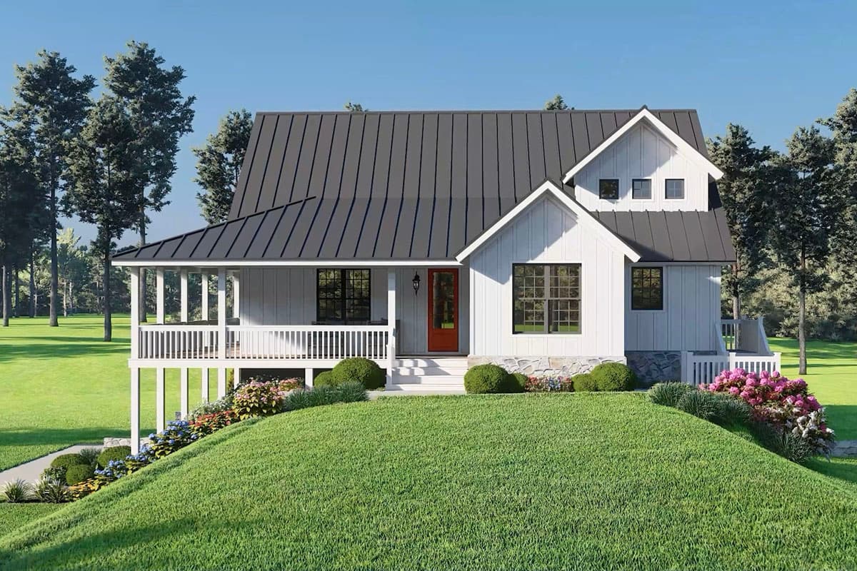 House plan exterior: Modern Farmhouse style, two stories, wraparound porch, metal roof, gables, and dormers.