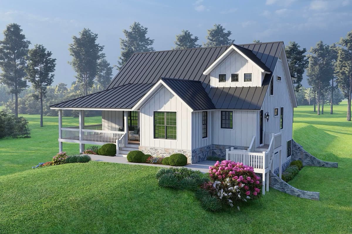 Modern Farmhouse house plan exterior with a covered porch, standing seam metal roof, board and batten siding, and stone foundation.