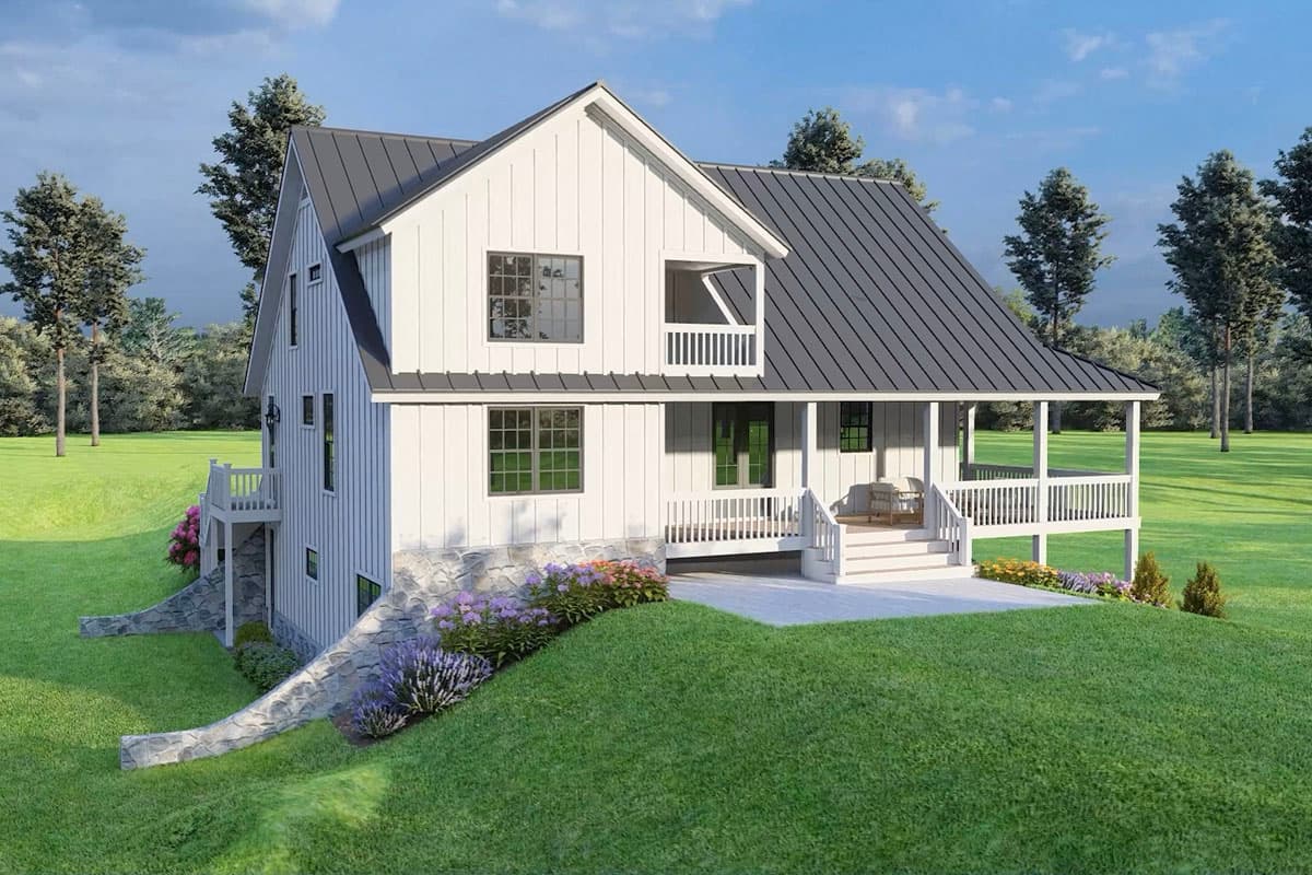 House plan exterior of a two-story Modern Farmhouse with a covered porch, white board and batten siding, and stone foundation.