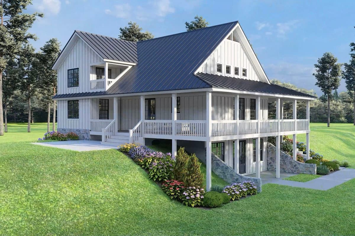 Modern Farmhouse house plan exterior with a wraparound porch, board and batten siding, and a metal gable roof.