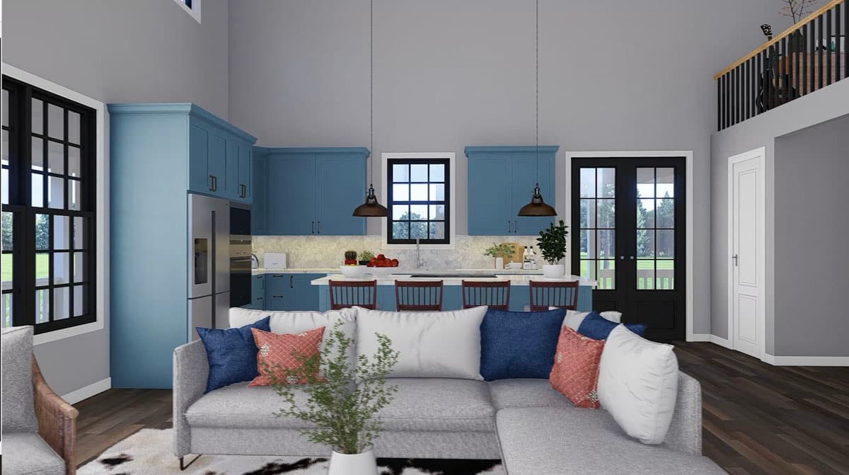 Interior rendering of a great room with a blue kitchen, sectional sofa, and loft overlook.