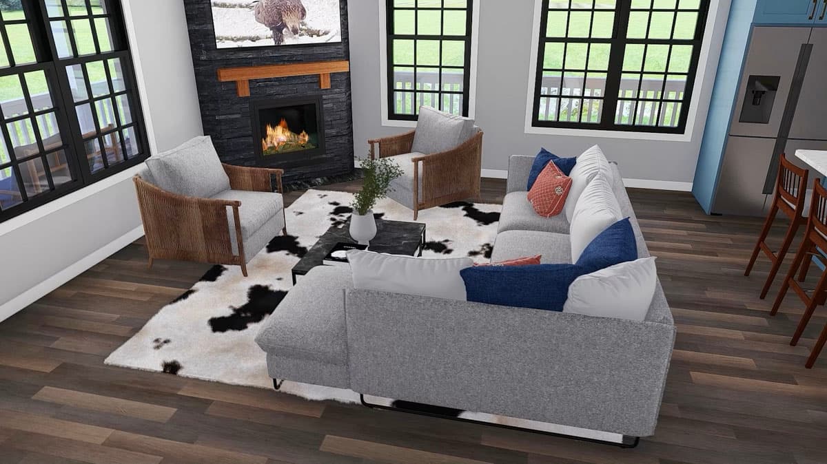 Living room interior with sectional sofa, fireplace, and large windows. Modern design with cowhide rug and dark wood flooring.