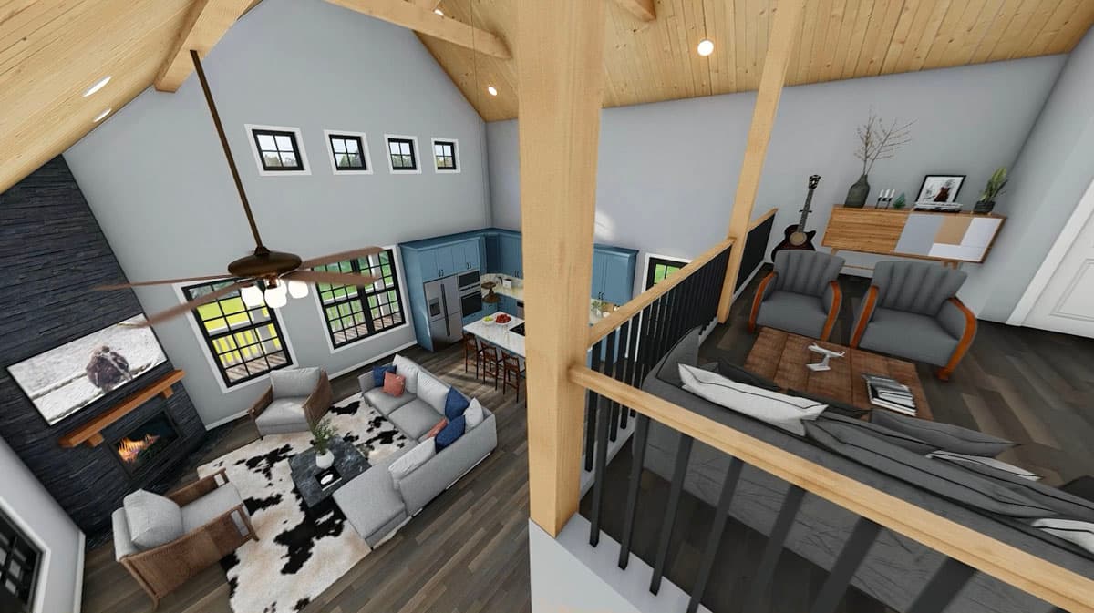 Interior rendering of an open-plan living area with vaulted ceilings, a stone fireplace, kitchen island, and loft railing.