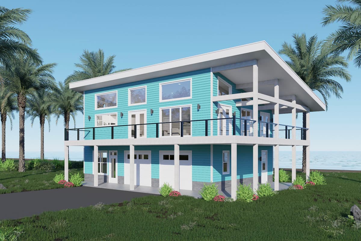 House plan exterior. Two-story modern style with flat roof and exposed supports. Features include a covered balcony and a garage.