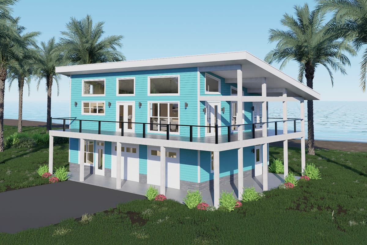 Modern house plan exterior with light blue siding, elevated deck, and three garage bays on lower level.