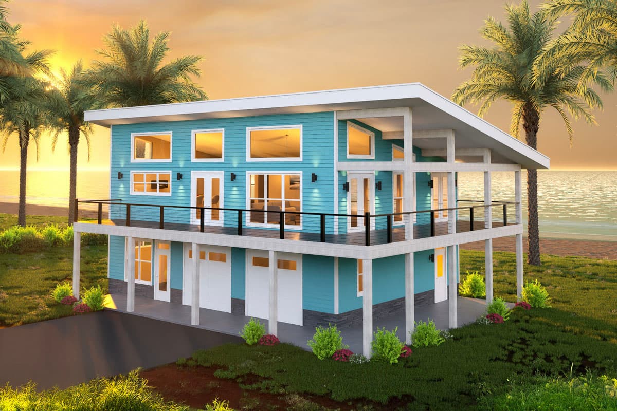 Modern coastal house plan exterior with two stories, wraparound deck, multiple garage doors, and large windows.